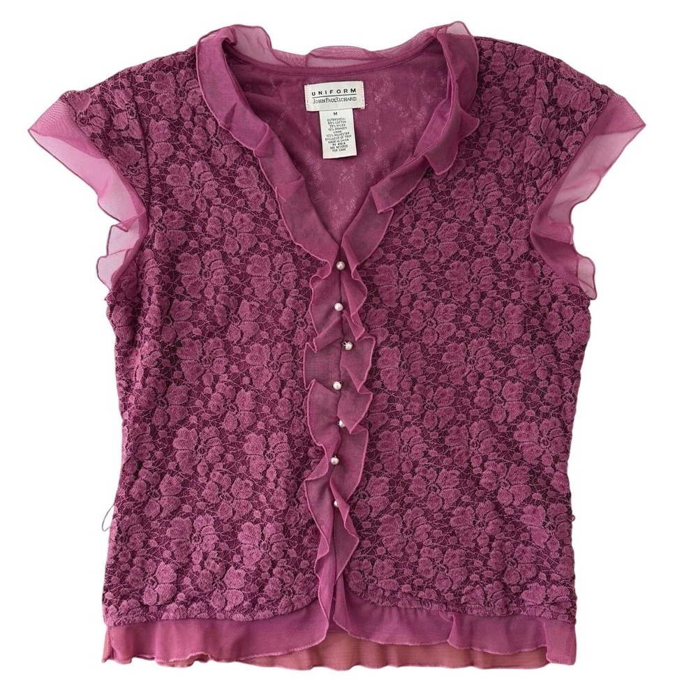 Pink Lace Ruffle Blouse‎ Womens M Mesh Pearl Sheer Fairycore Coquette Top